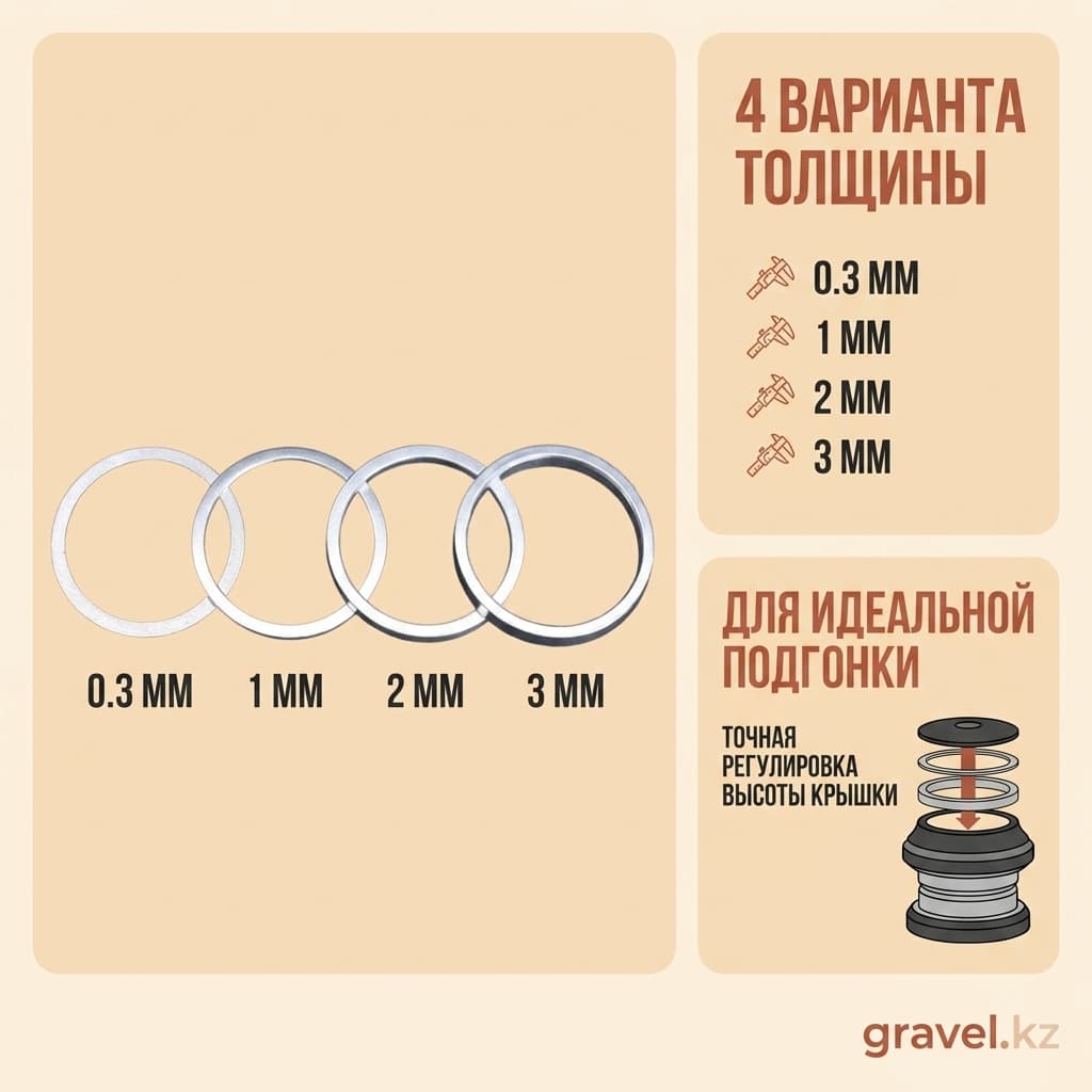 Регулировочные шайбы для рулевой колонки (для пылезащитной крышки), 0.3/1/2/3 мм, для вилок 28.6 мм, серебристые, набор 6 шт. RISK — фото 2