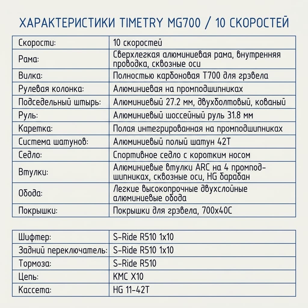 Гравийный велосипед Timetry MG700 с легкосплавной рамой, карбоновой вилкой T700, 10-скоростной трансмиссией, дисковыми тормозами и сквозными осями Timetry MG700 — фото 6