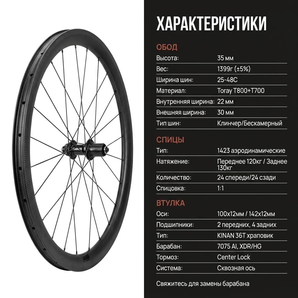Карбоновые колеса KORE, 35 мм, T800+T700, для дисковых тормозов Center Lock, с 36T храповиком, Tubeless Ready — фото 7